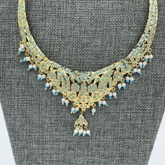 Gold Plated Blue Stone Beaded Rajasthani Kundan Bridal Necklace - Picture 3 of 13